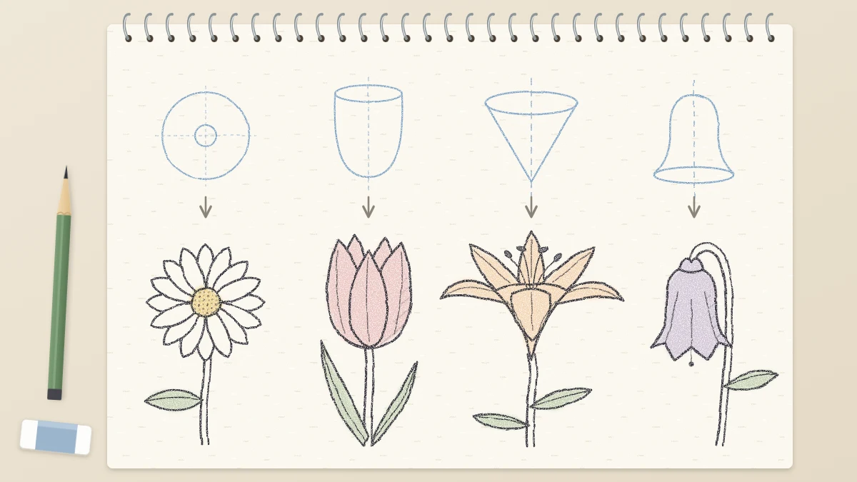 Sketchbook page with four light blue guides in a row, a circle, cup, cone and bell, each with a small finished pencil flower below