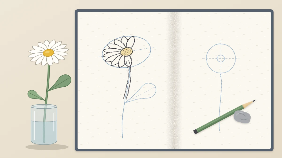 A cut flower in a small glass jar on a desk beside an open sketchbook with a pencil drawing of the same flower in progress