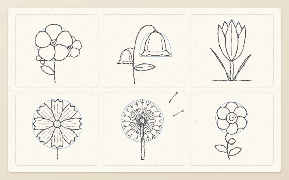 Six small line drawings: forget-me-not, hanging bell flower, crocus, cosmos, dandelion seed head and a doodle flower