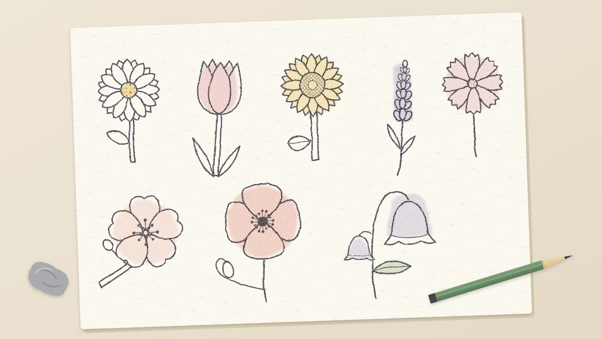 A sketchbook page with eight small, simple pencil flower sketches of different kinds, each with a faint touch of color