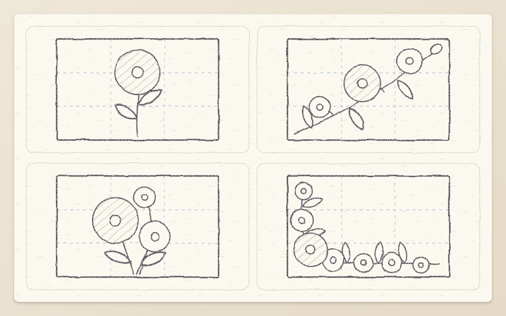 Four thumbnail layouts using circles and lines: single centered specimen, diagonal spray, cluster of three, and corner border
