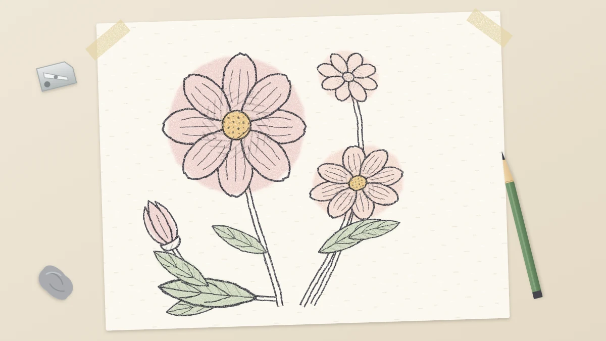 Sketchbook page with three pencil-drawn flowers of different sizes, the largest off-center, with a bud and leaves filling one corner