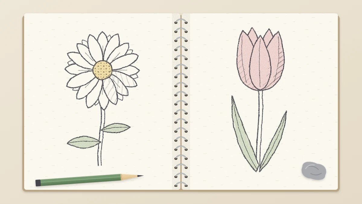 Open spiral sketchbook with pencil drawings of a daisy and a tulip side by side, a pencil and kneaded eraser resting on the page