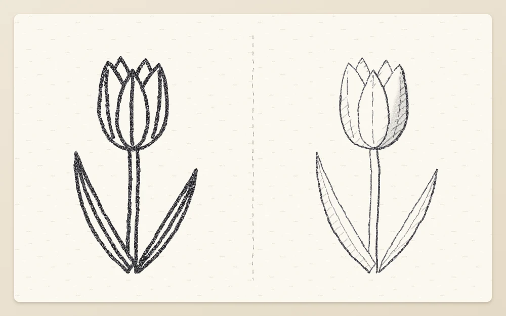 Before and after pair of one tulip: a heavy uniform dark outline on the left, light varied line weight with soft shading on the right