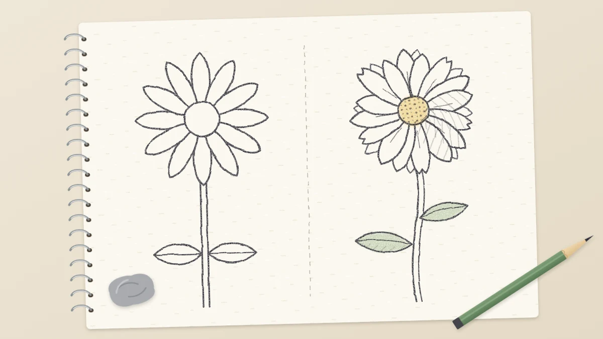 Two pencil daisies side by side: a stiff one with identical petals and a straight stem, and a natural one with overlapping petals and a curved stem