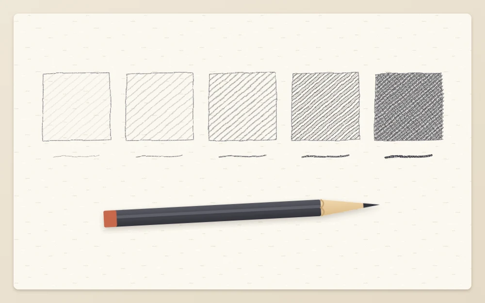 Five swatches of diagonal pencil hatching in a row, shading from very light to very dark, with a pencil lying beneath them