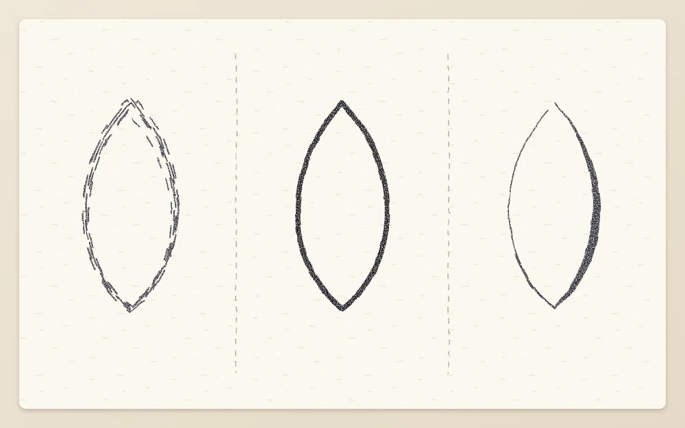 One petal drawn three ways side by side: scratchy short overlapping strokes, one even heavy outline, and a single confident line varying from thick to thin