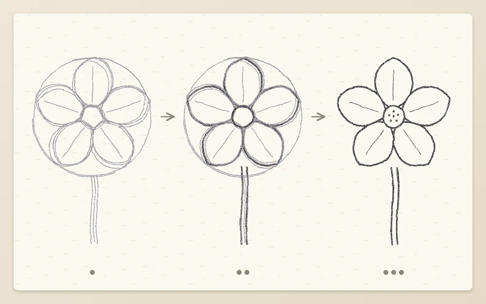 Three panels of a five-petal flower: a light rough pencil sketch, clean dark contour lines drawn over it, and the finished line drawing with the sketch erased