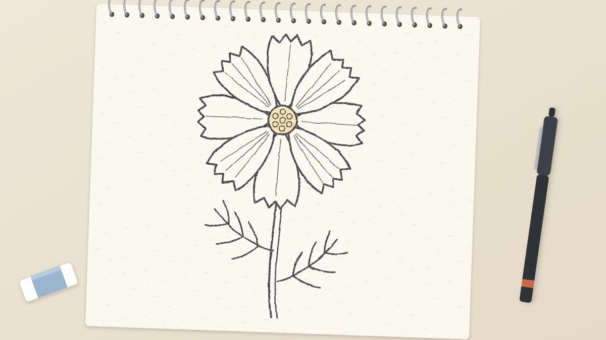 Clean dark line drawing of a cosmos flower with eight petals, a stem and two leaves on a sketchbook page, a fineliner pen beside it