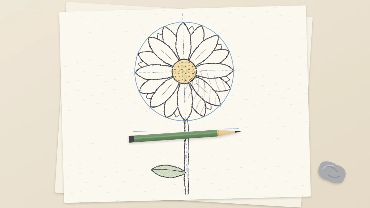Pencil drawing of a daisy with light blue guide circles and cross lines around it and a pencil laid across the page