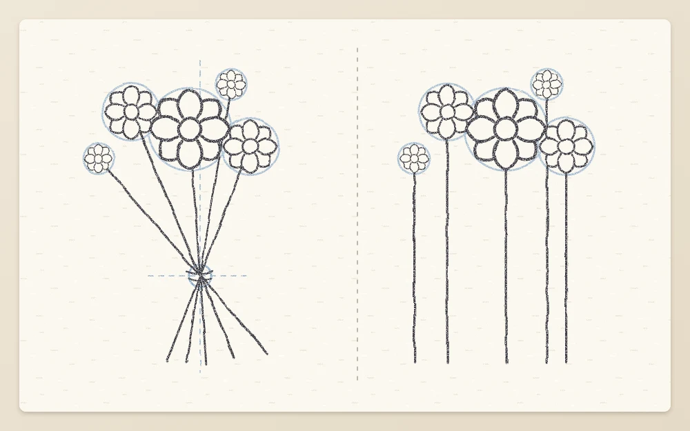 Stem lines from five flower heads meeting at one tie point and fanning out below, beside stems that run parallel