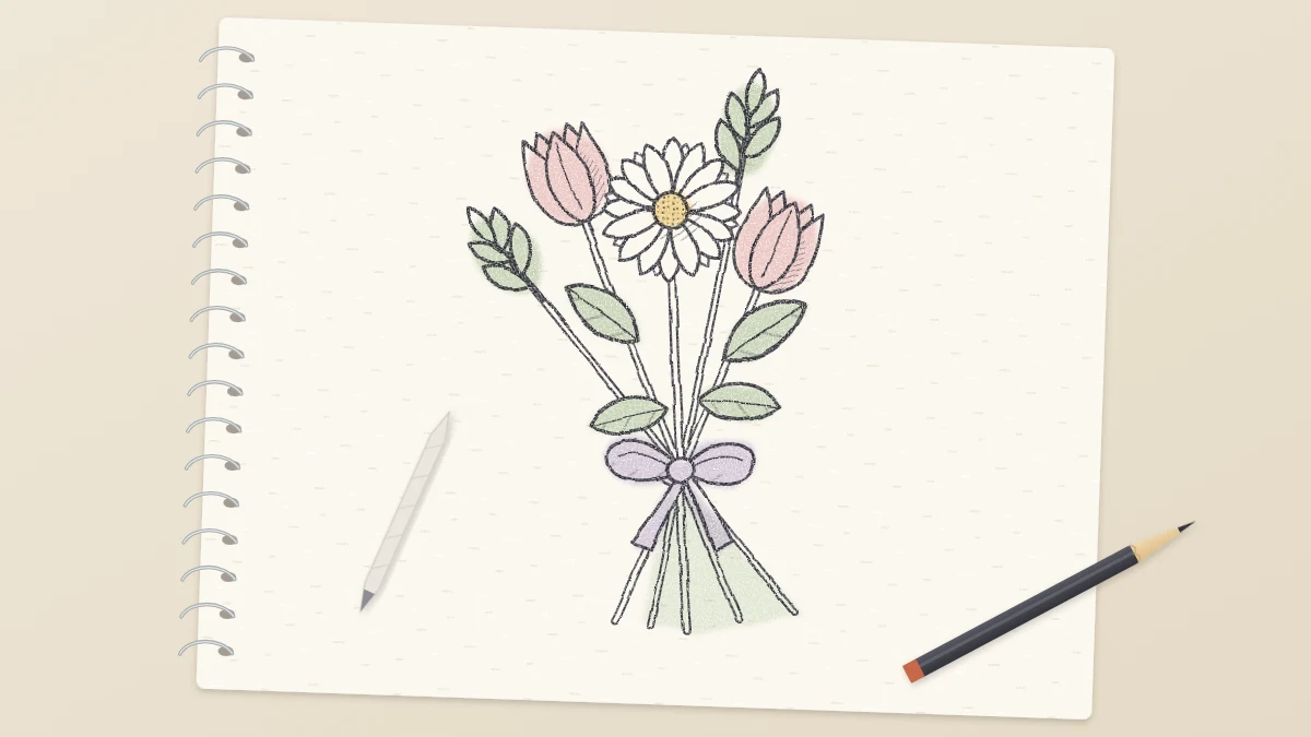 A finished pencil drawing of a small hand-tied bouquet with a daisy, two tulips and leafy sprigs, the stems gathered with a ribbon bow