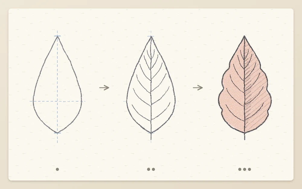 One poinsettia bract in three stages: pointed outline with center line, curved side veins, wavy edge with light shading