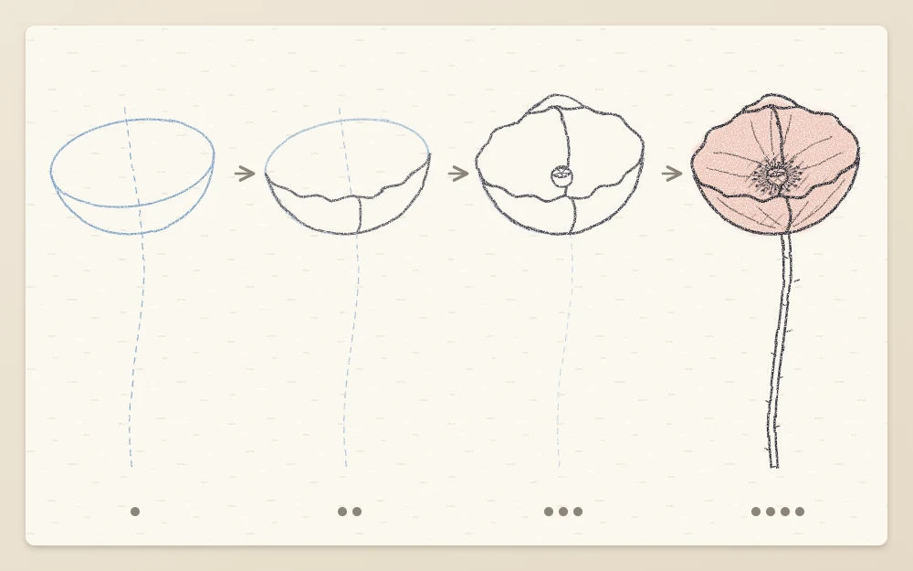 Four step panels of a poppy from a tilted bowl guide to front petals, back petals, and finished flower