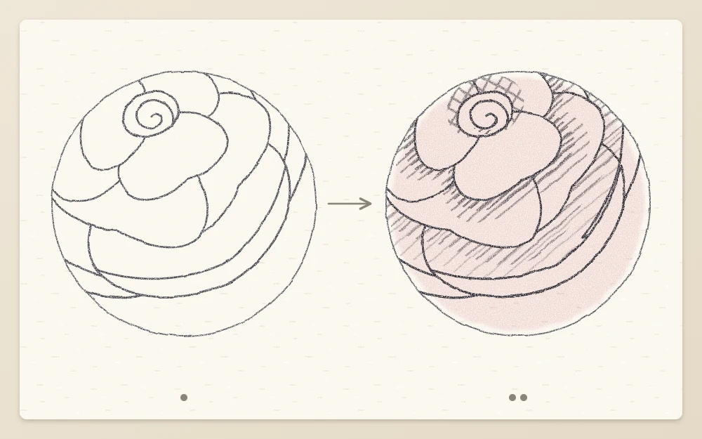 Close-up of overlapping rose petals with rolled-back edges, first as clean outlines, then shaded darkest between them
