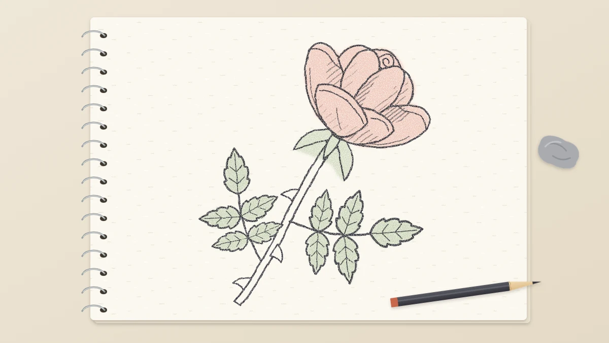 Finished pencil drawing of a long-stemmed rose in side view with thorns and a leaf of five toothed leaflets, bloom tinted faint red