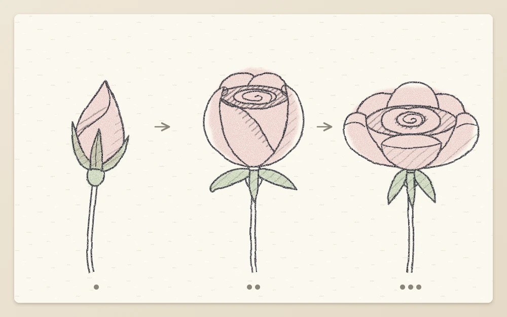 Three stages of a rose opening: tight bud wrapped by sepals, half-open cup with a spiral, open bloom with sepals folded down