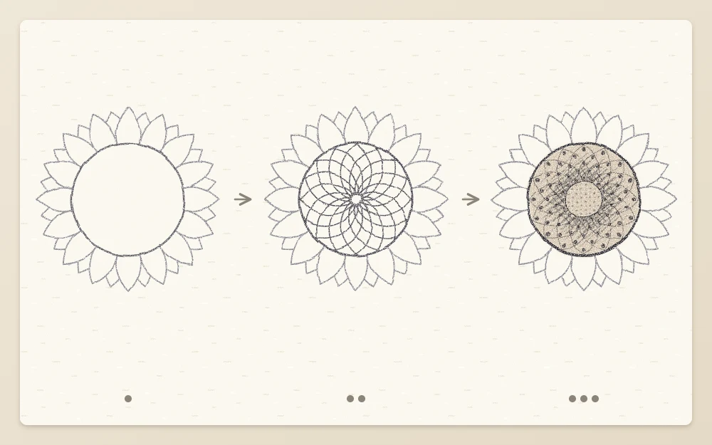 A sunflower center in three stages: an empty disc, curved lines spiraling in two directions, then seed marks with darker shading