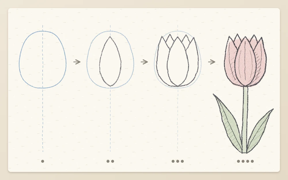 Four panels of a tulip: an egg on a center line, the front petal, side petals with back tips, and the finished flower with leaves
