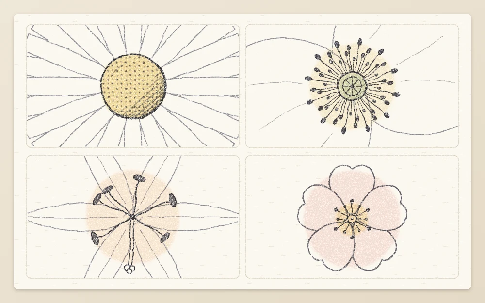 Four flower centers: a dotted daisy disc, a poppy seed pod with stamens, six lily stamens, and a blossom's short stamens