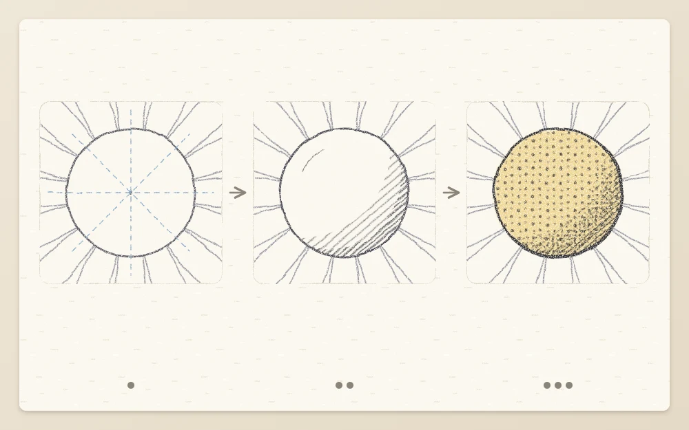 Three panels of a daisy center: plain circle, circle with a curved shadow on one side, dome textured with dots