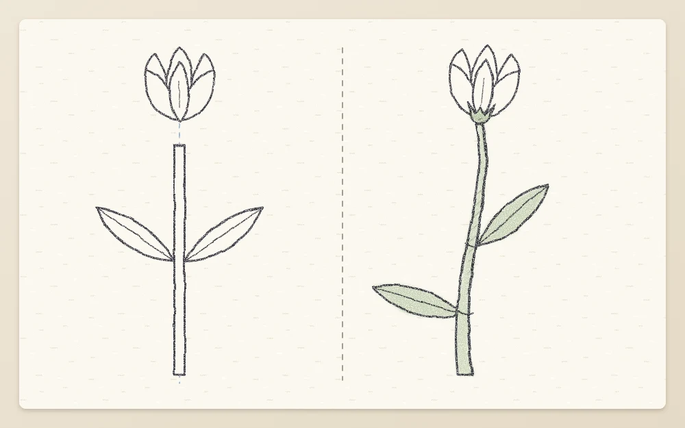 The same flower twice: a straight stem under a floating head, and a curved stem joined by a small cup
