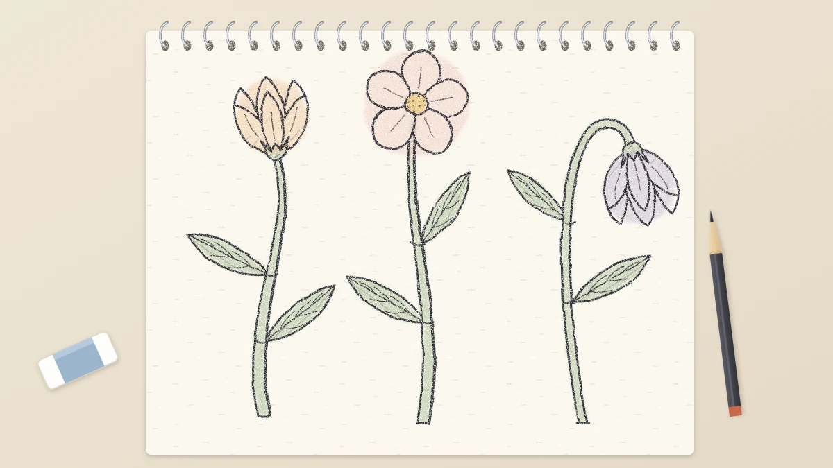 Three pencil-drawn flower stems on a sketchbook page, each with a different curve, a simple flower head and leaves attached at small joints