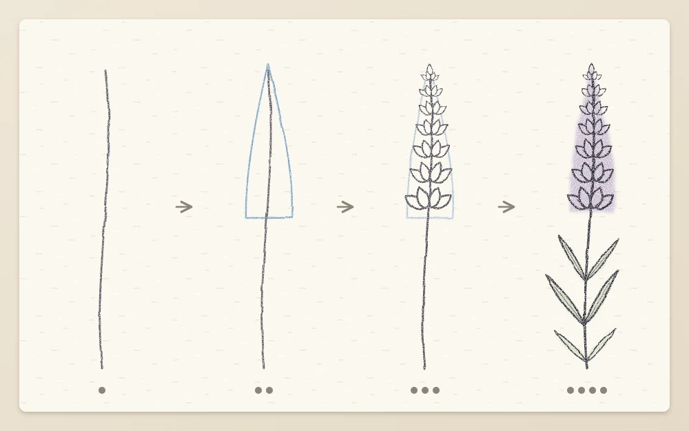 Four step panels of a lavender sprig: curved stem, tapered guide, buds in stacked rings, finished sprig with leaves