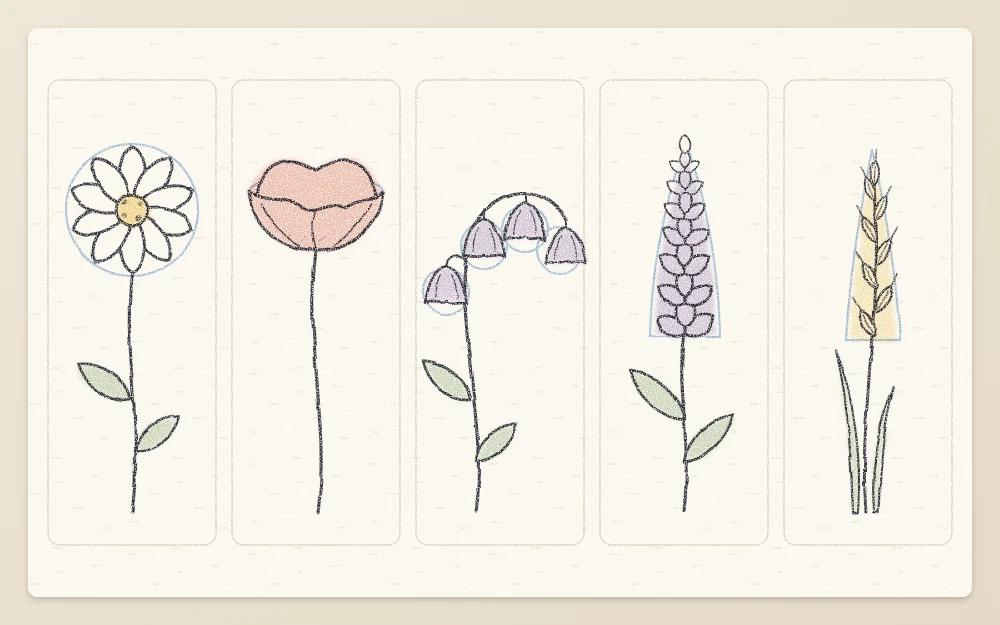 Five small wildflower studies in a row: daisy shape, poppy, bell-shaped flowers, spike flower, and grass seed head