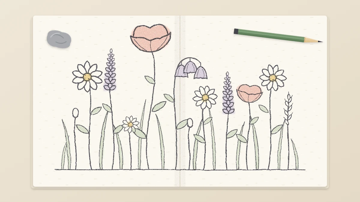 Finished pencil drawing of a meadow strip with daisies, a poppy, bell-shaped flowers, spike flowers and long grass