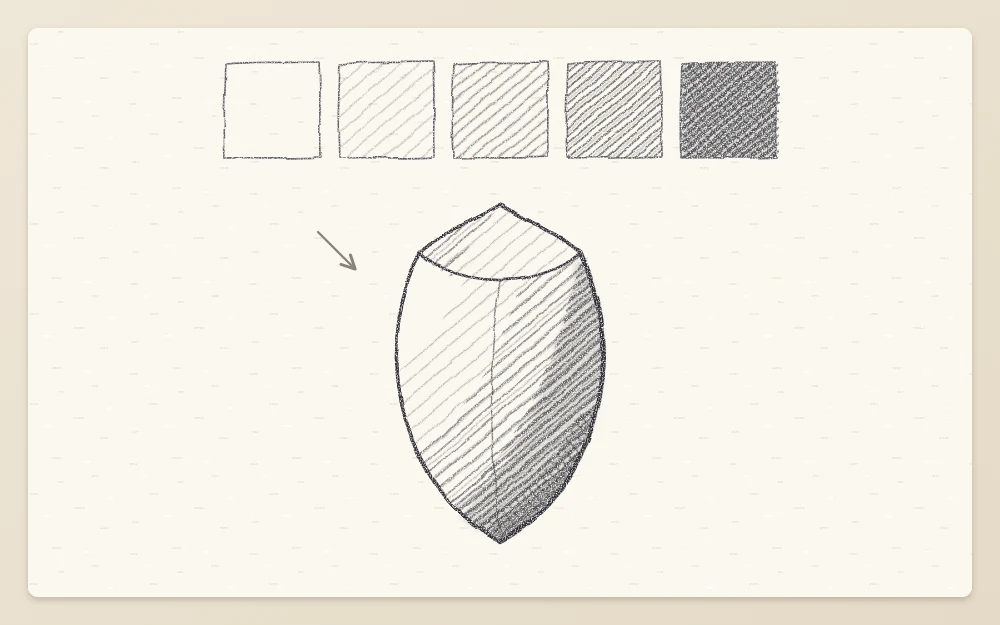 A row of five shaded squares from paper white to very dark above one cupped petal shaded with the same tones