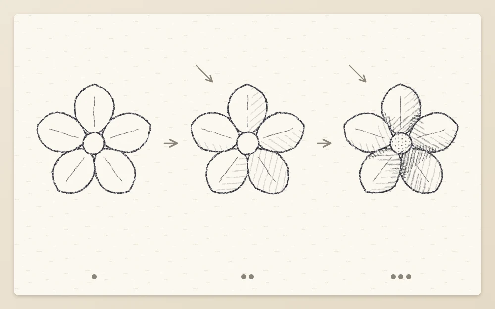 Three panels of one flower: a clean line drawing, light hatching on each petal's shadow side, and finished shading with dark overlaps