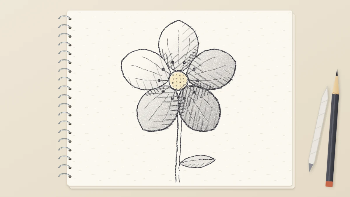 Softly shaded pencil drawing of an open five-petal flower with a light side and a shadow side, beside a blending stump and a soft pencil