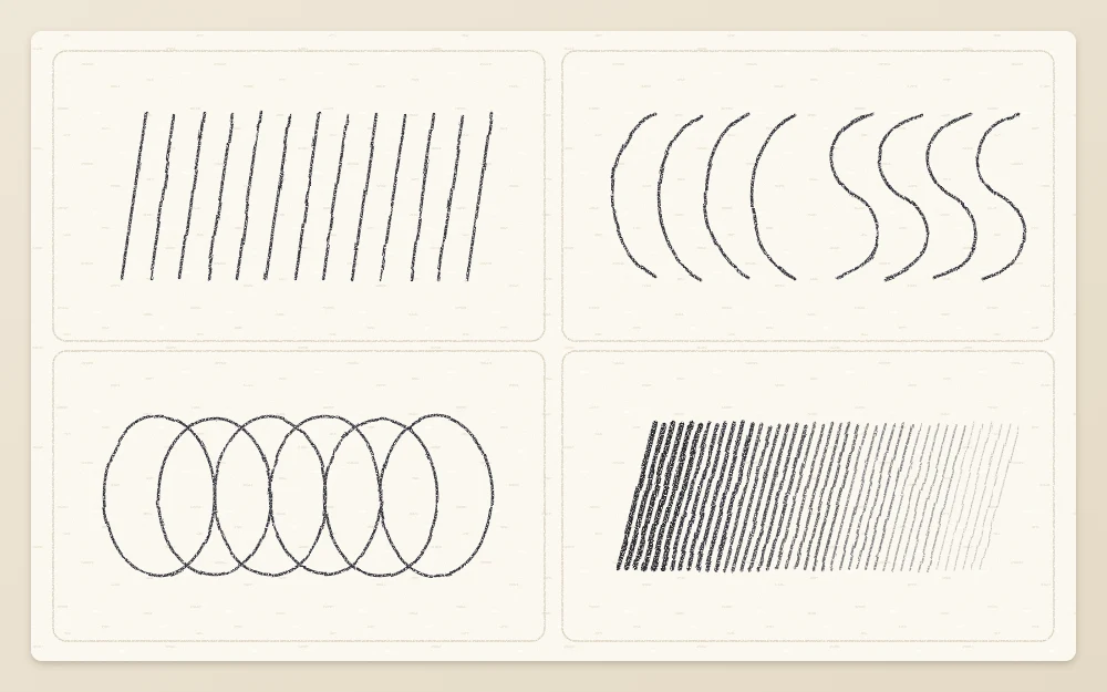 Four tiles of pencil exercises: parallel straight lines, C-curves and S-curves, a row of overlapping ellipses, and hatching fading from dark to light