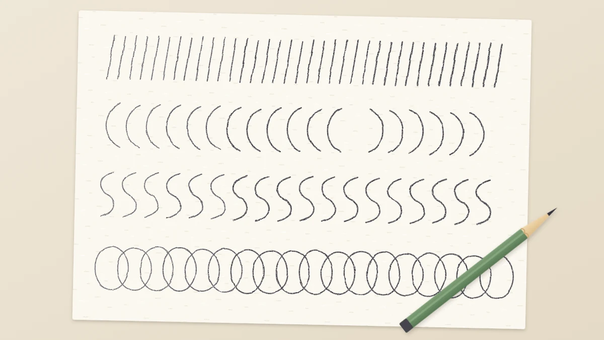 Sketchbook page filled with rows of warm-up strokes: parallel lines, C-curves, S-curves and ellipses, a pencil lying across one corner